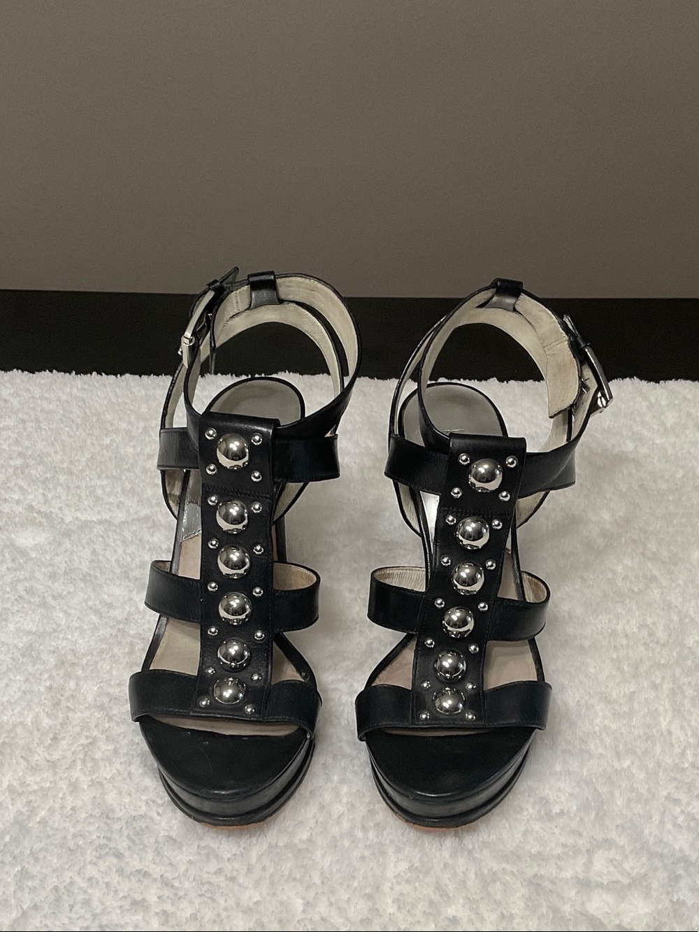 MICHAEL Michael Kors Black Studded T-Strap Block Heel Sandals 8M